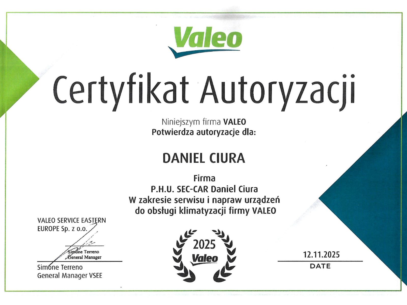 CERTYFIKAT VALEO